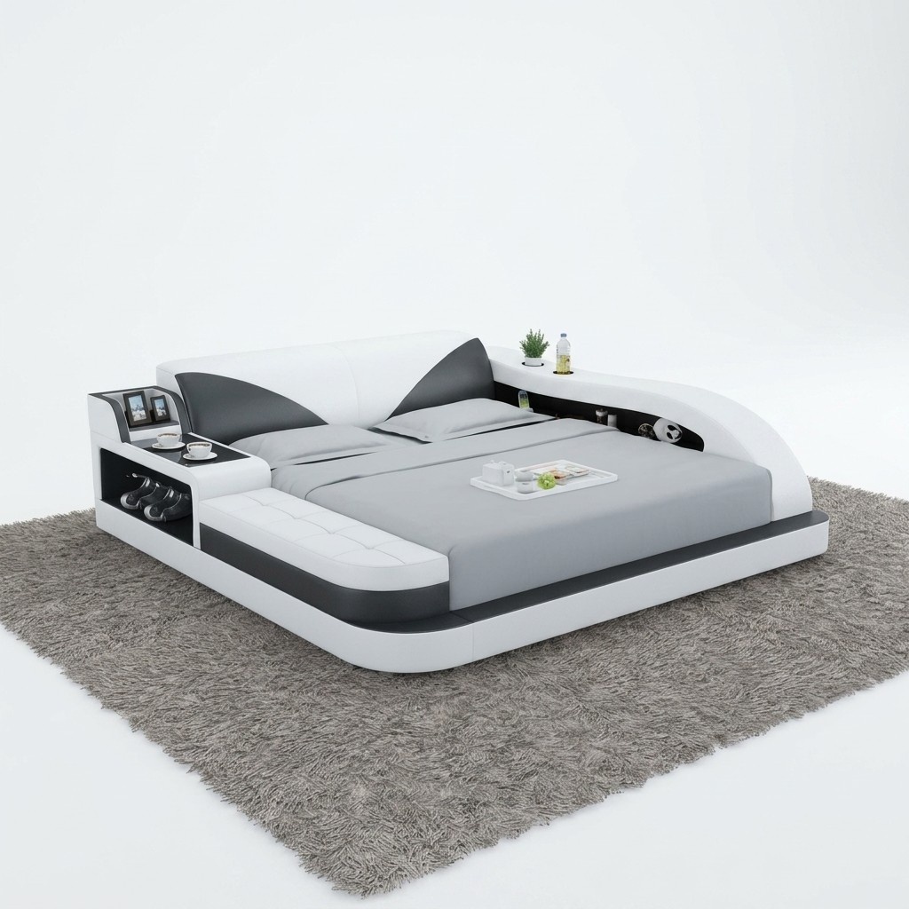 Multifunction Bed Luxury Design Leather Beds Double Storage Shelf 180x200