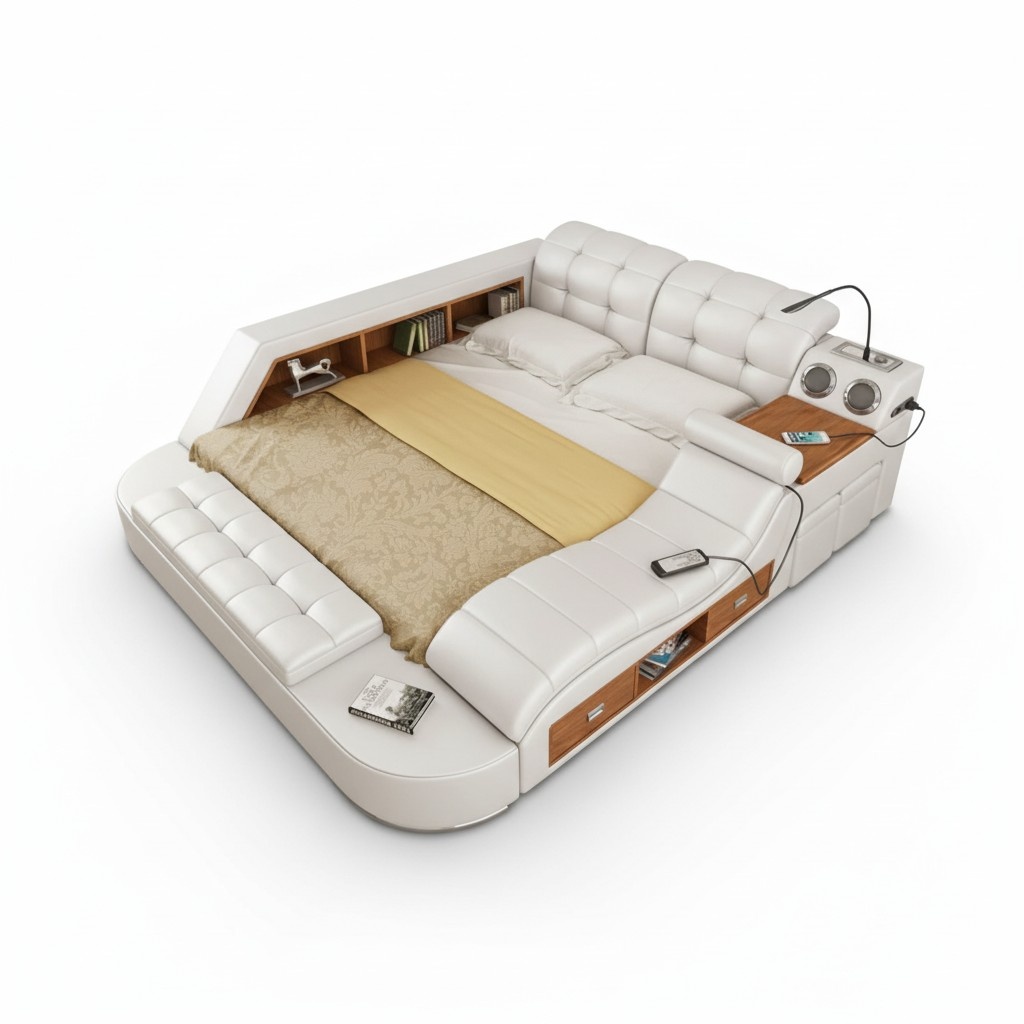 Multifunction Bed Shelf Cabinet USB Charging Station Double Leather Beds 180x200