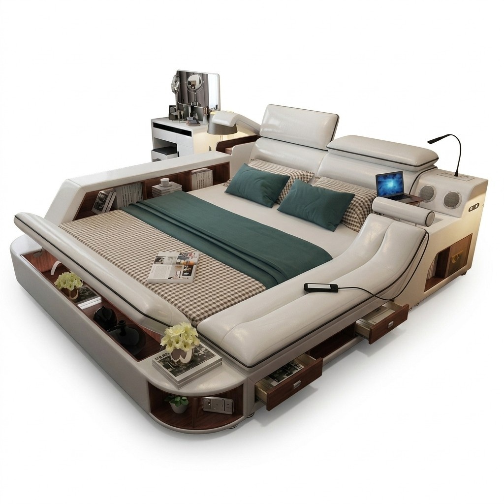 Multifunction Luxury Bed 180x200 Bed Leather Beds Bedroom Lounger Shelves New