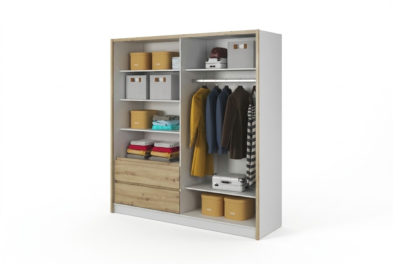 XXL massive designer wardrobe with 3-swing doors, 2-sliding drawers & mirror made of MDF 200cm