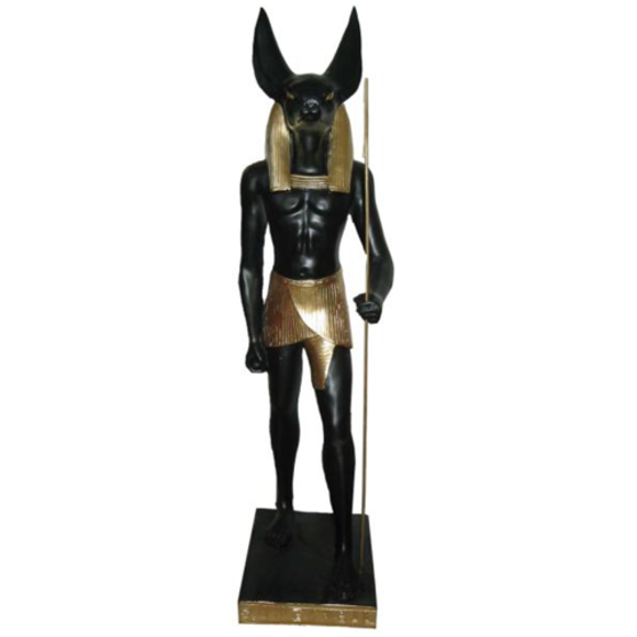 Ancient egyptian decorative sculpture of black colored anubis figure with big ears & gold decorations 62cm