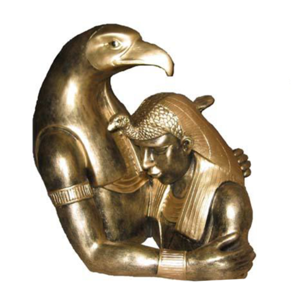 Ancient egyptian decorative bust of golden colored thoth deity hugging Ramses II 35cm