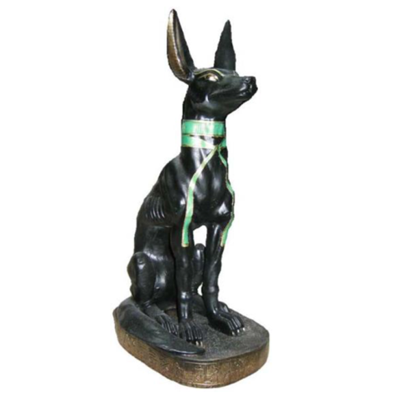Decorative ancient egyptian sculpture of black colored anubis with a green necklace 40cm