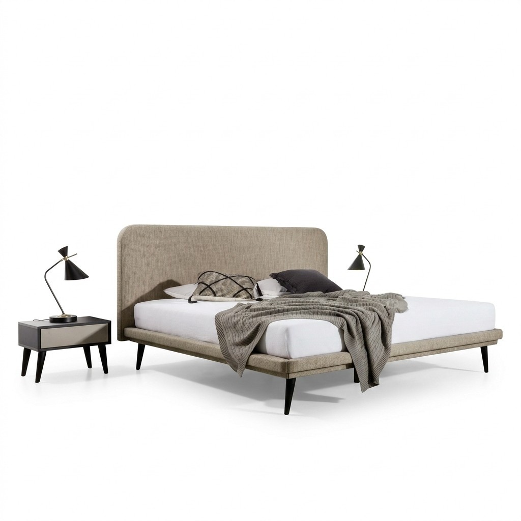 Fine bedroom furniture Brown textile bed Designer 2x bedside tables