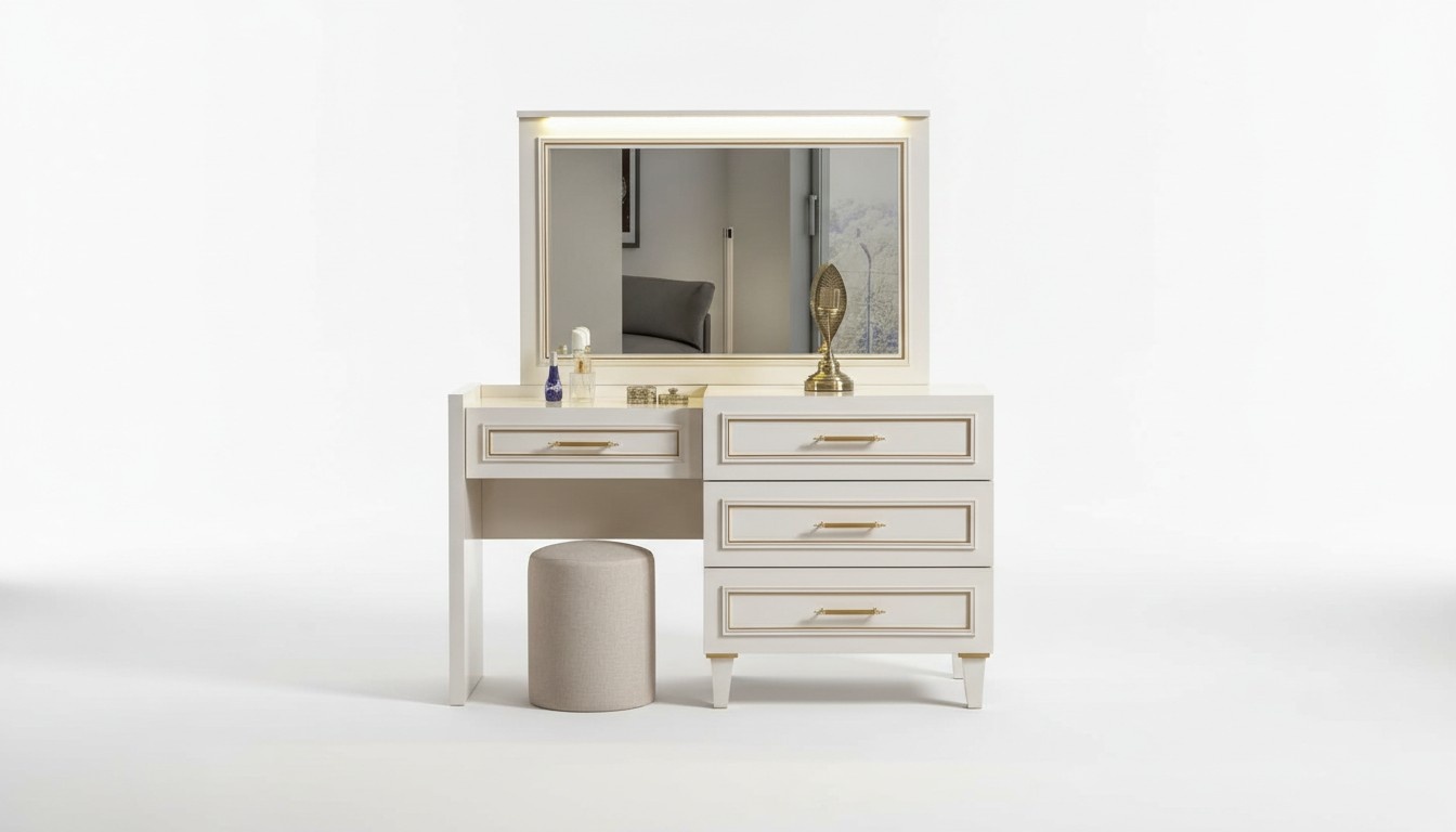 Elegant bedroom furniture white dressing table mirror upholstered stool 3 pieces