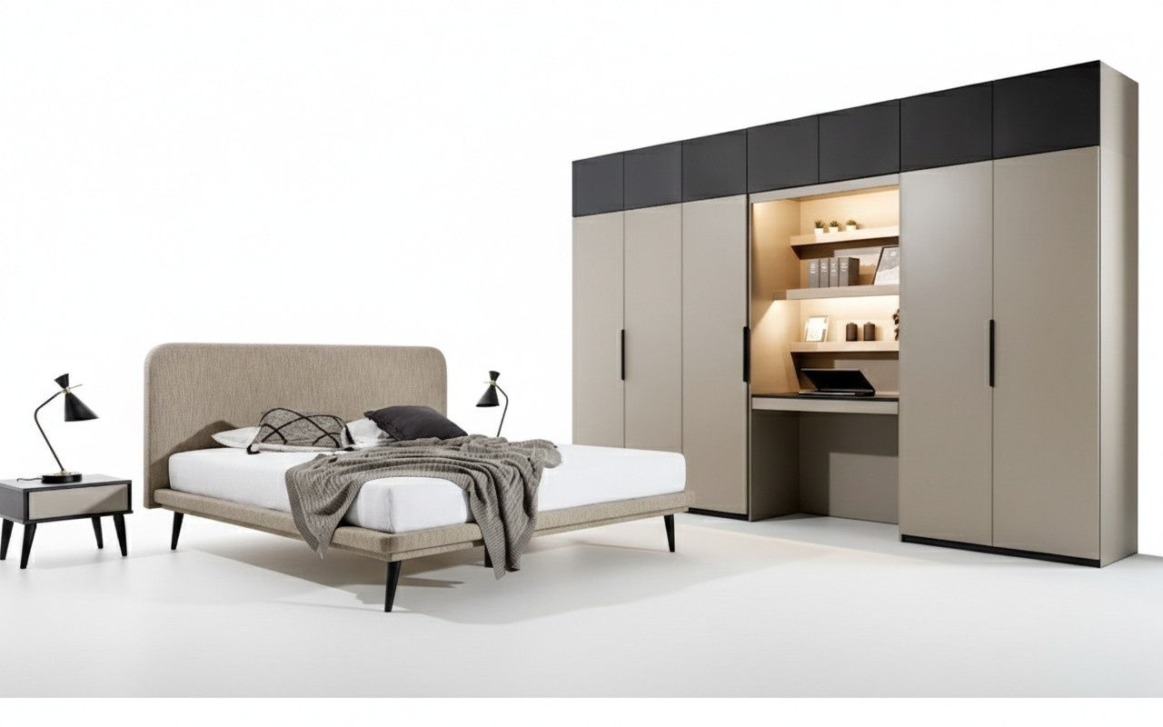 Elegant bedroom set designer double bed closet bedside tables