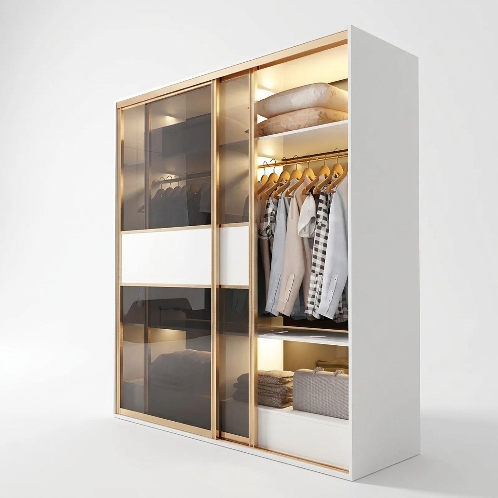 Modern style luxury designer wardrobe made of real wood & stainless steel with sliding glass doors
