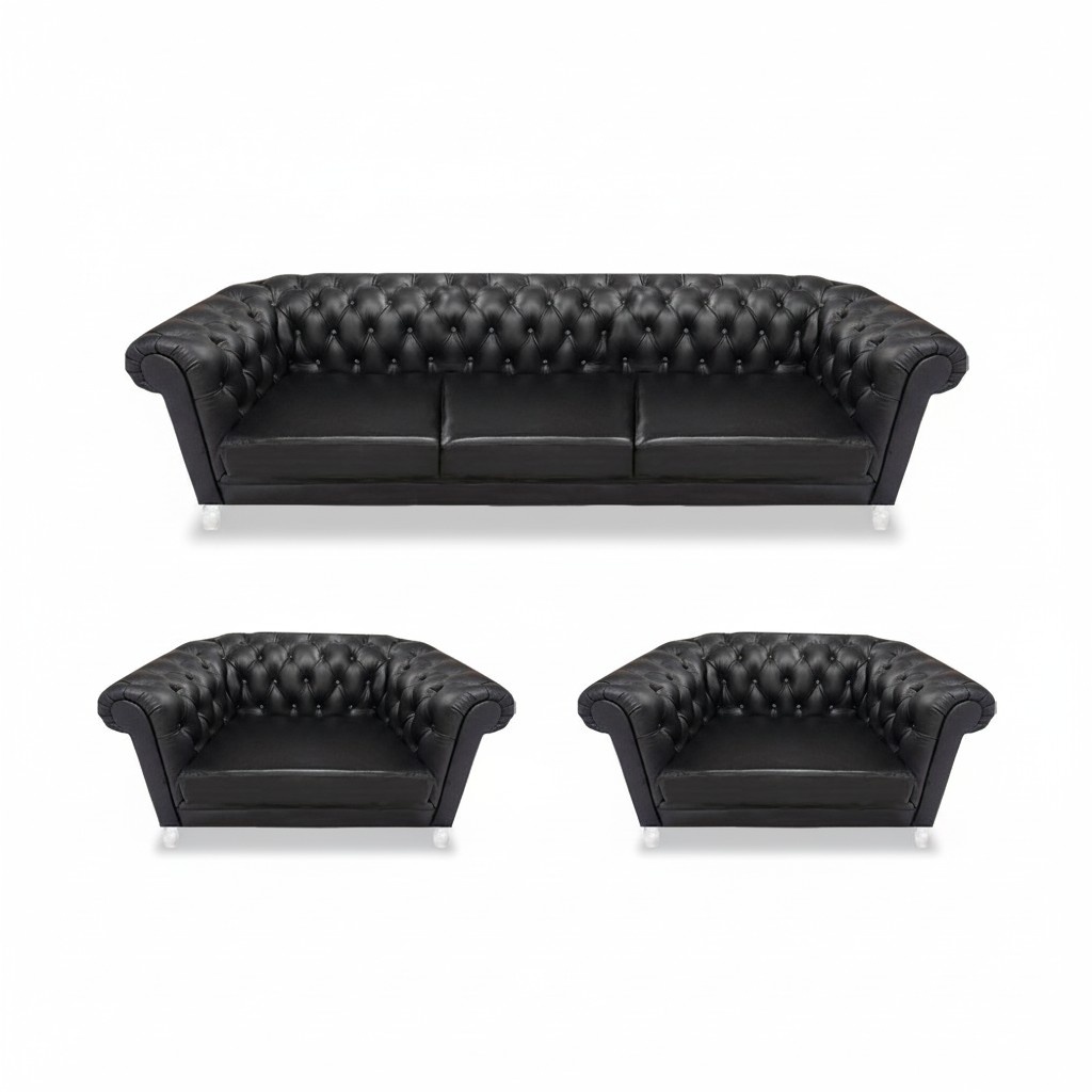 Noble Chesterfield black sofa luxurious leather armchairs 2x single chairs