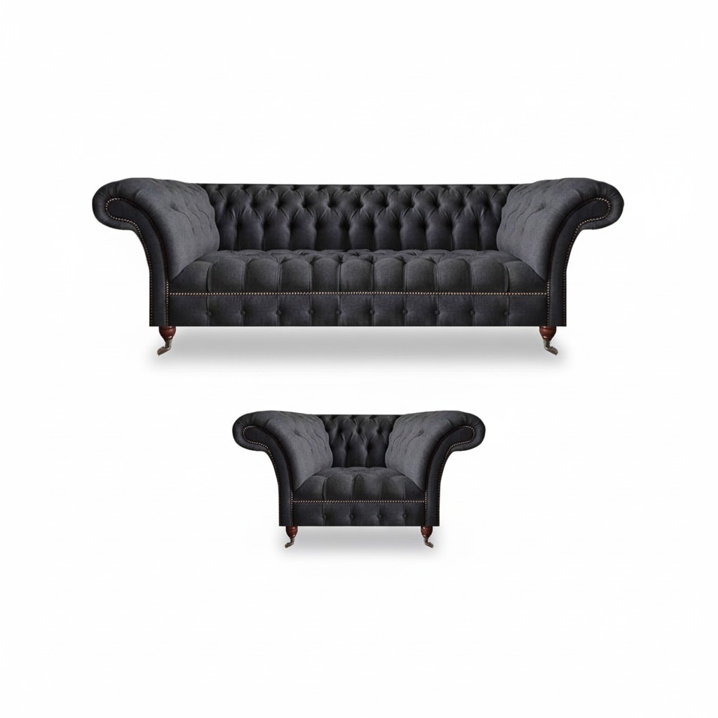 Noble Chesterfield furniture complete black seating set upholstered couches.