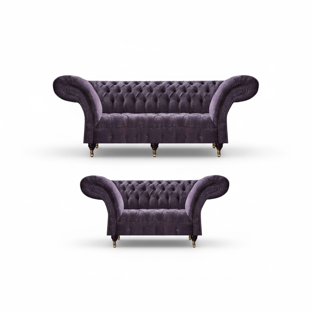 Noble Chesterfield purple living room sofas upholstered seating furniture with a wooden frame.
