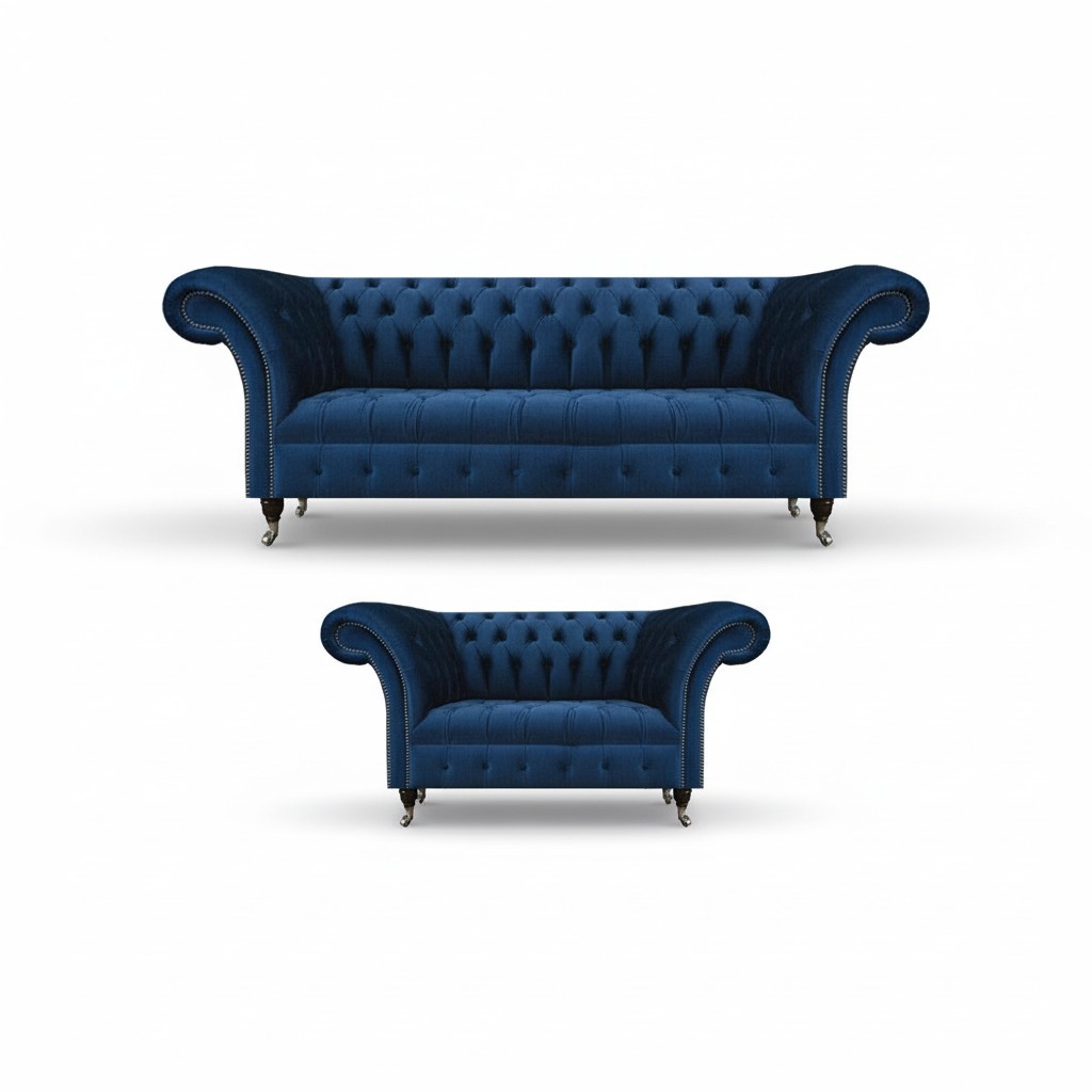Noble Chesterfield sofa set designer blue three-seater upholstered 2-seater