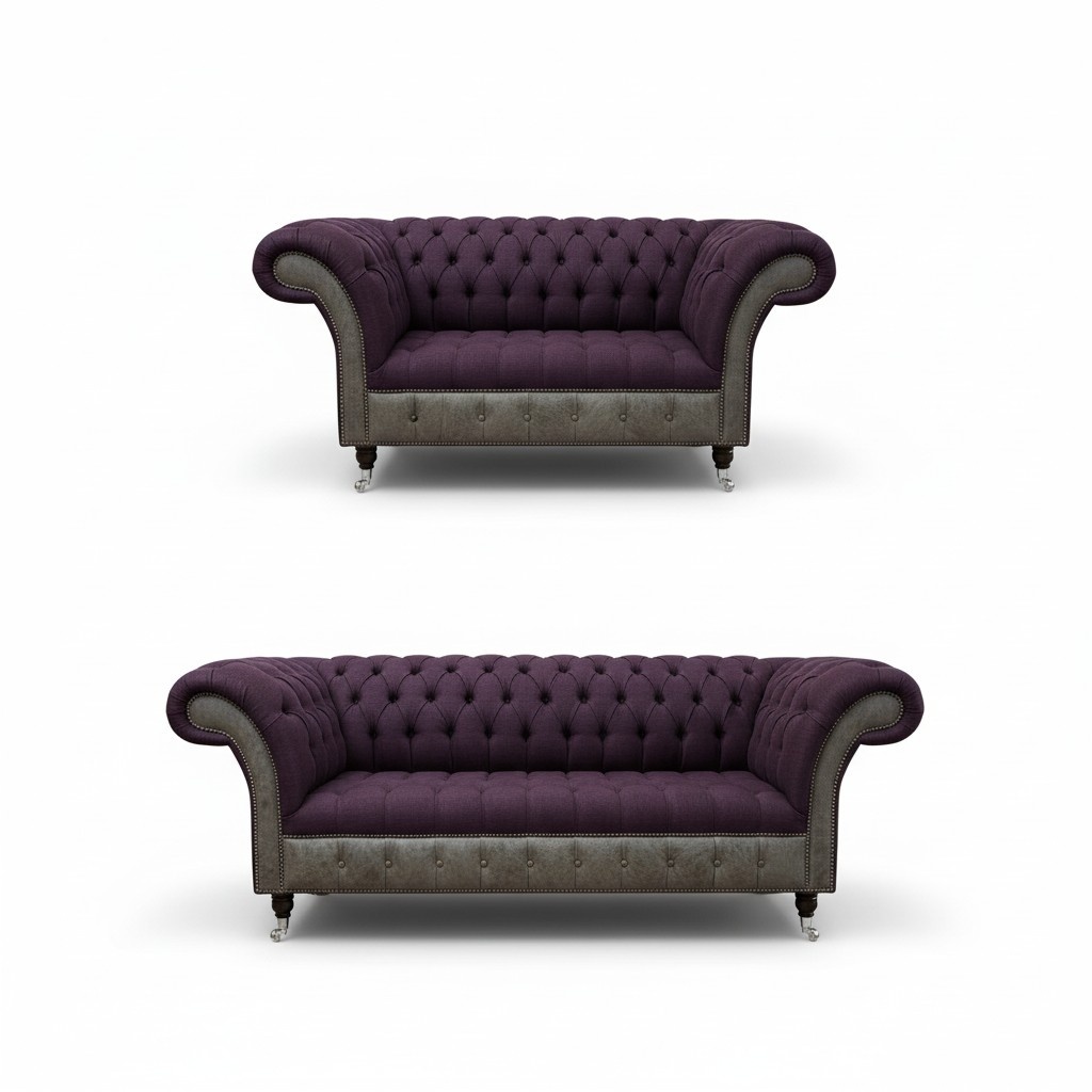 Chesterfield Sofa Set 3+1 Seaters Purple Textile Fabric Comfortable Couches on Casters New