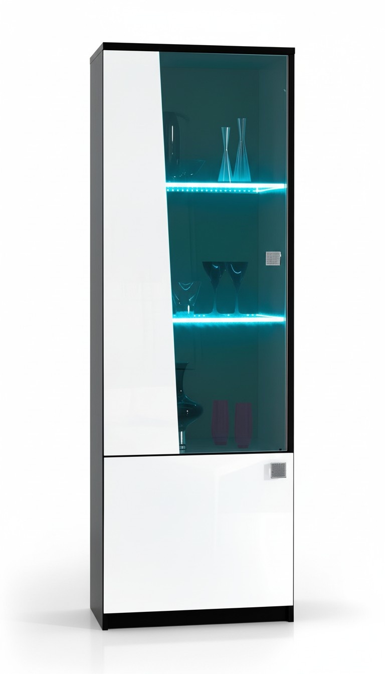 Modern style gloss showcase/cupboard with 2-swing doors & glass backlit shelves