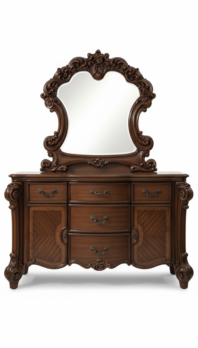 Baroque style made of real wooden set of dressing table & massive mirror