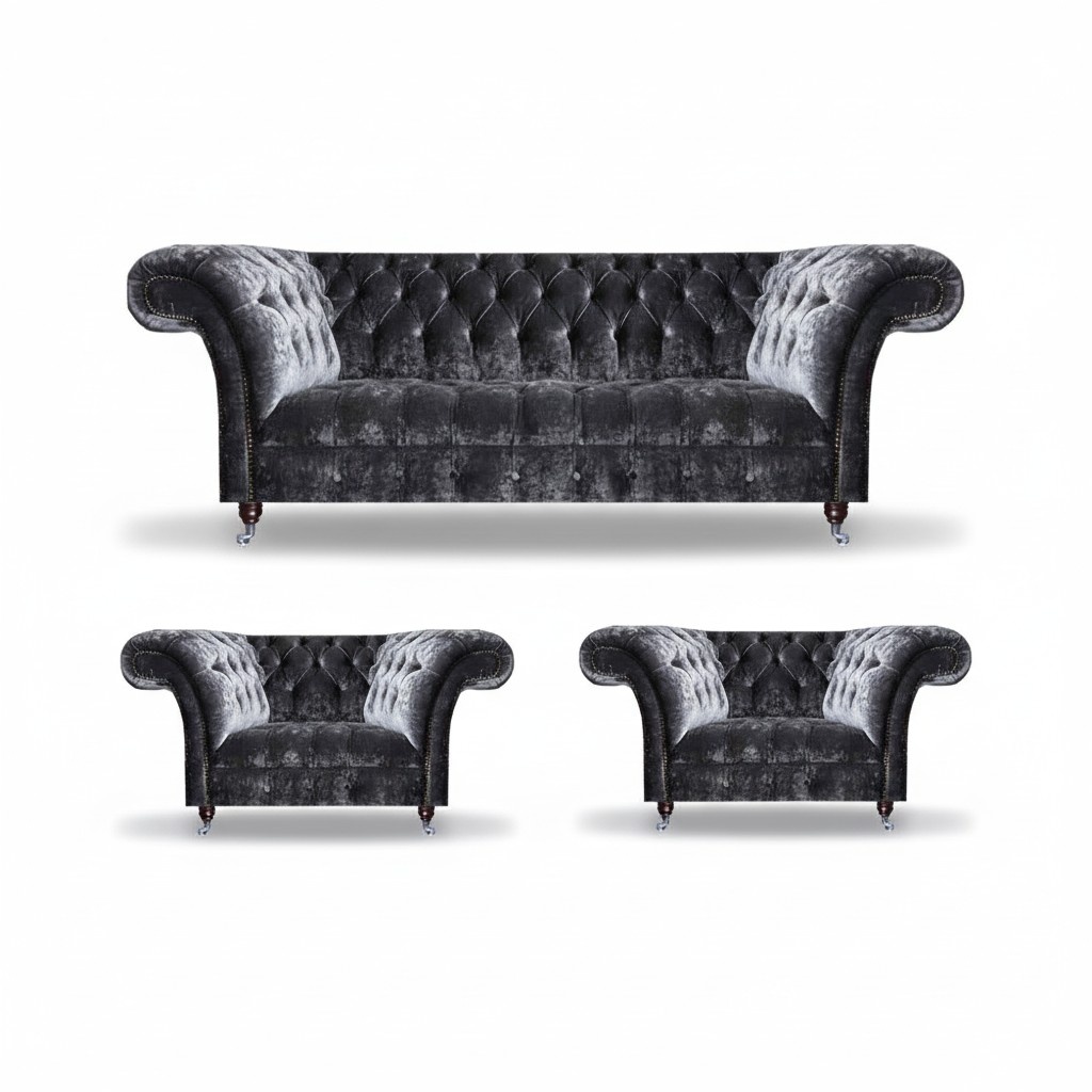 Elegant grey Chesterfield upholstered sofas Modern 3-seater 2x textile armchairs