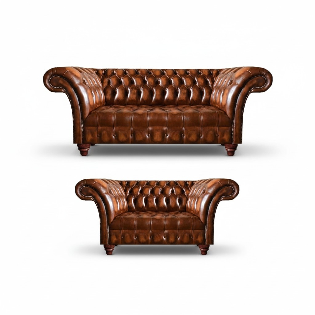 Noble light brown Chesterfield suite living room two-seater 3-seater