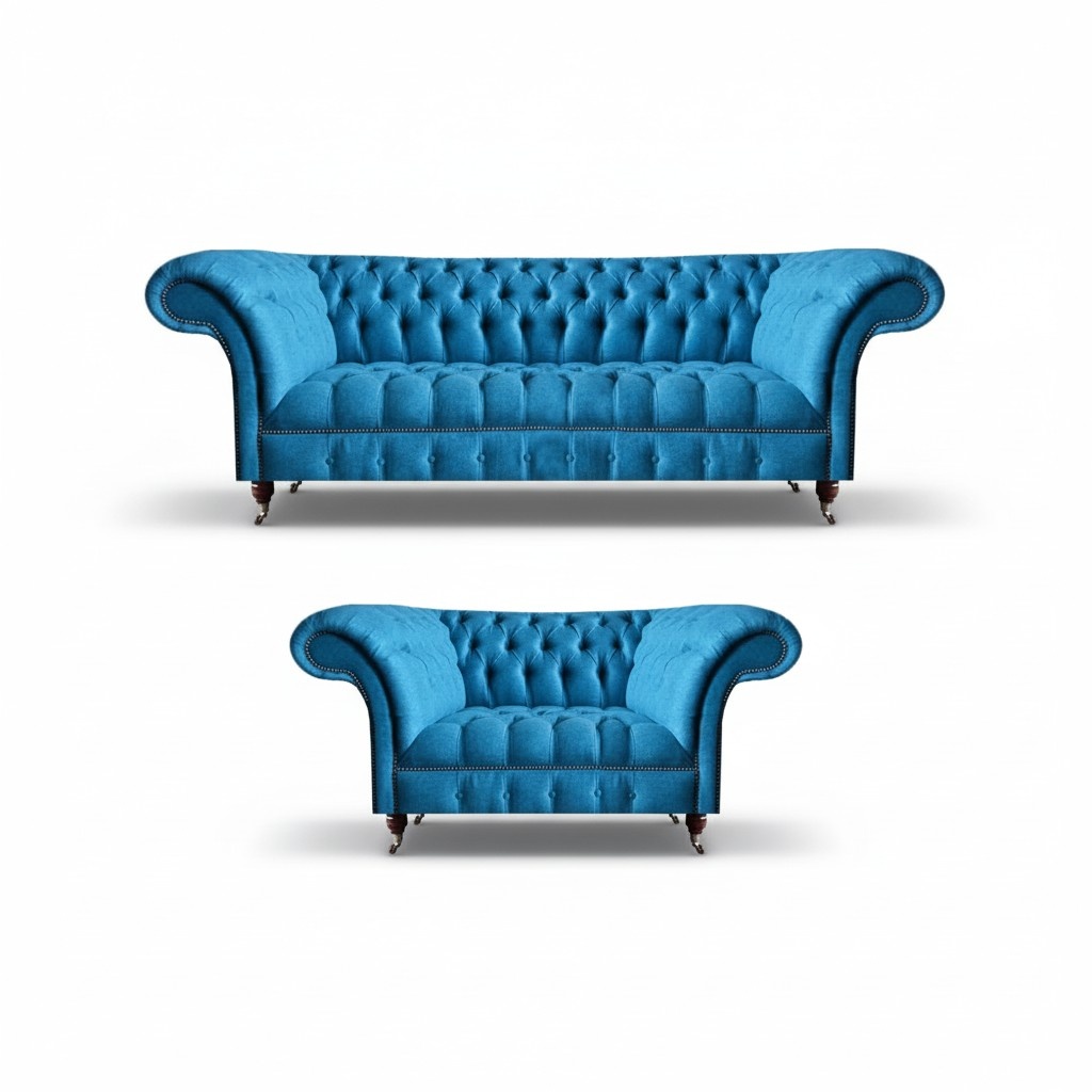 Noble sky blue Chesterfield sofa set designer 3-seater and 2-seater set.