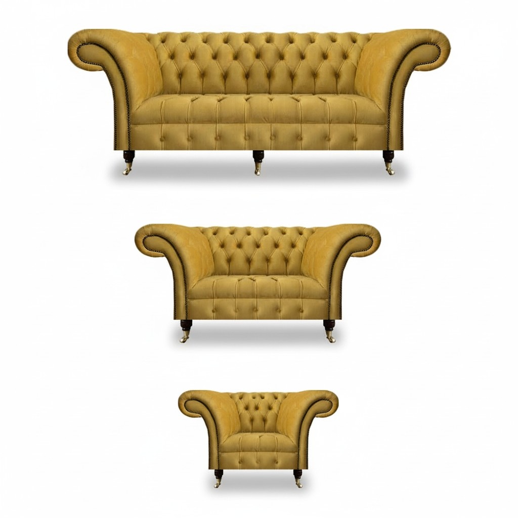 Noble Yellow Chesterfield Upholstered Furniture Textile Sofa 3-piece Set