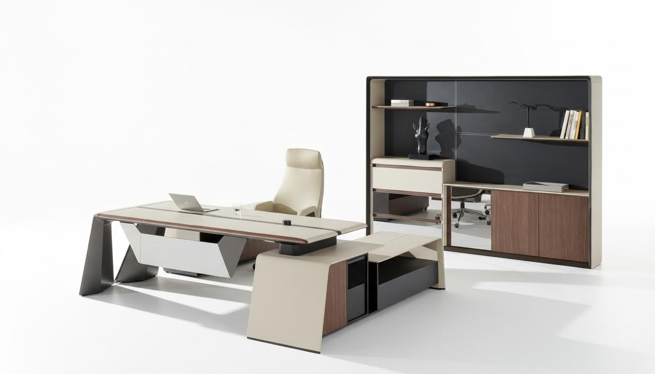 Office furnishings, study, office furniture, table, cupboard, armchair, 3-piece set