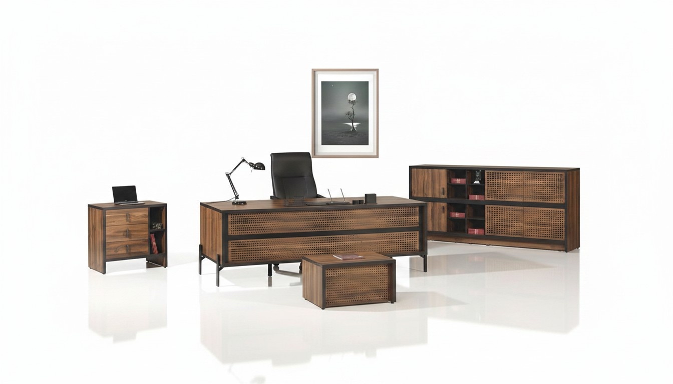 Office furniture complete office desk office desk set 4 pcs wood brown