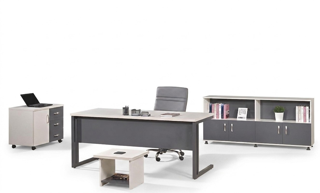 Office furniture grey set 4pc desk complete office cabinet wood group