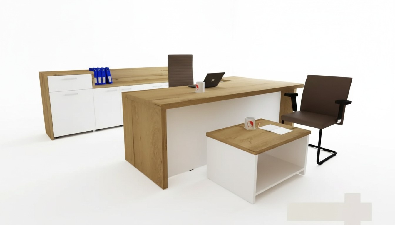 Office Modern Set Corner Desk Brown Coffee Table File Cabinet 3-piece.