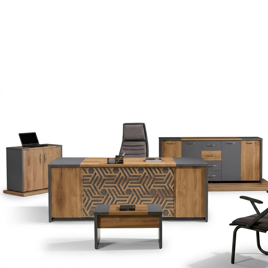 Office study furniture complete office desk 4-piece wood brown set