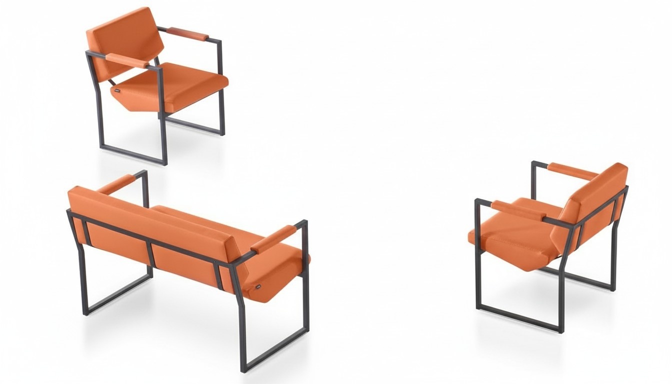 Orange synthetic leather office set designer leather three-seater 2x armchairs 3-piece