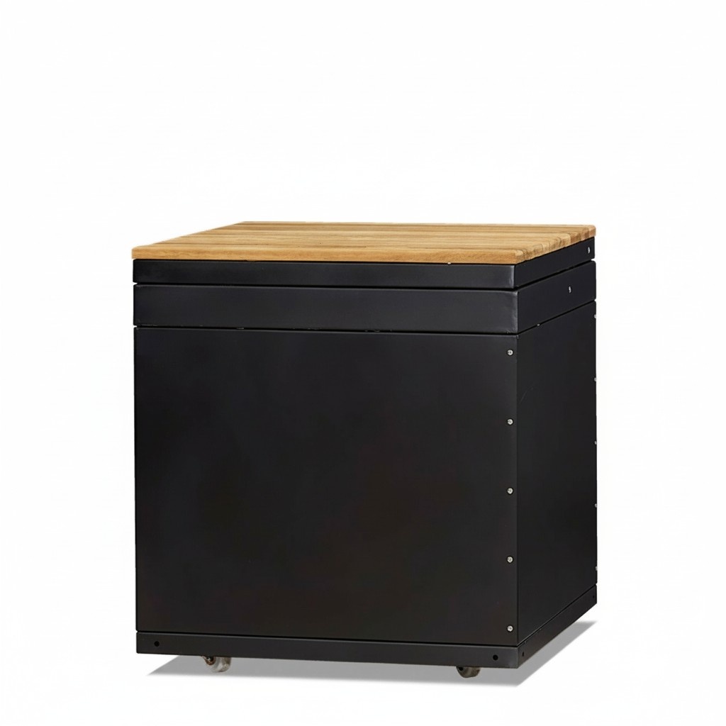 Outdoor kitchen module in black made of wood and stainless steel for garden kitchen.