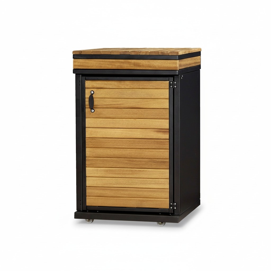 Outdoor kitchen module made of weather-resistant and durable brown wood.
