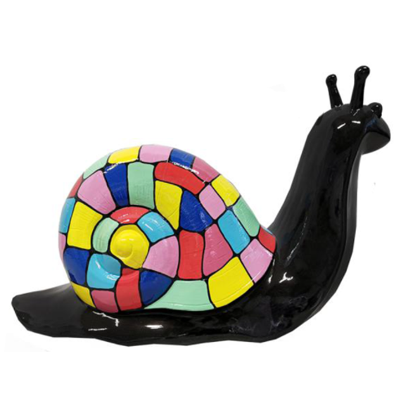 Decorative abstract sculpture designed as a gloss black snail with colorful shell in square mosaic patterns 100cm