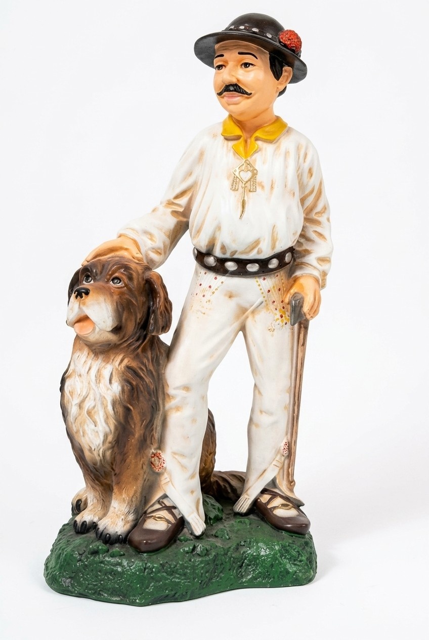 Decorative sculpture designed as a man figure in white suit with dog & cane 100x50cm