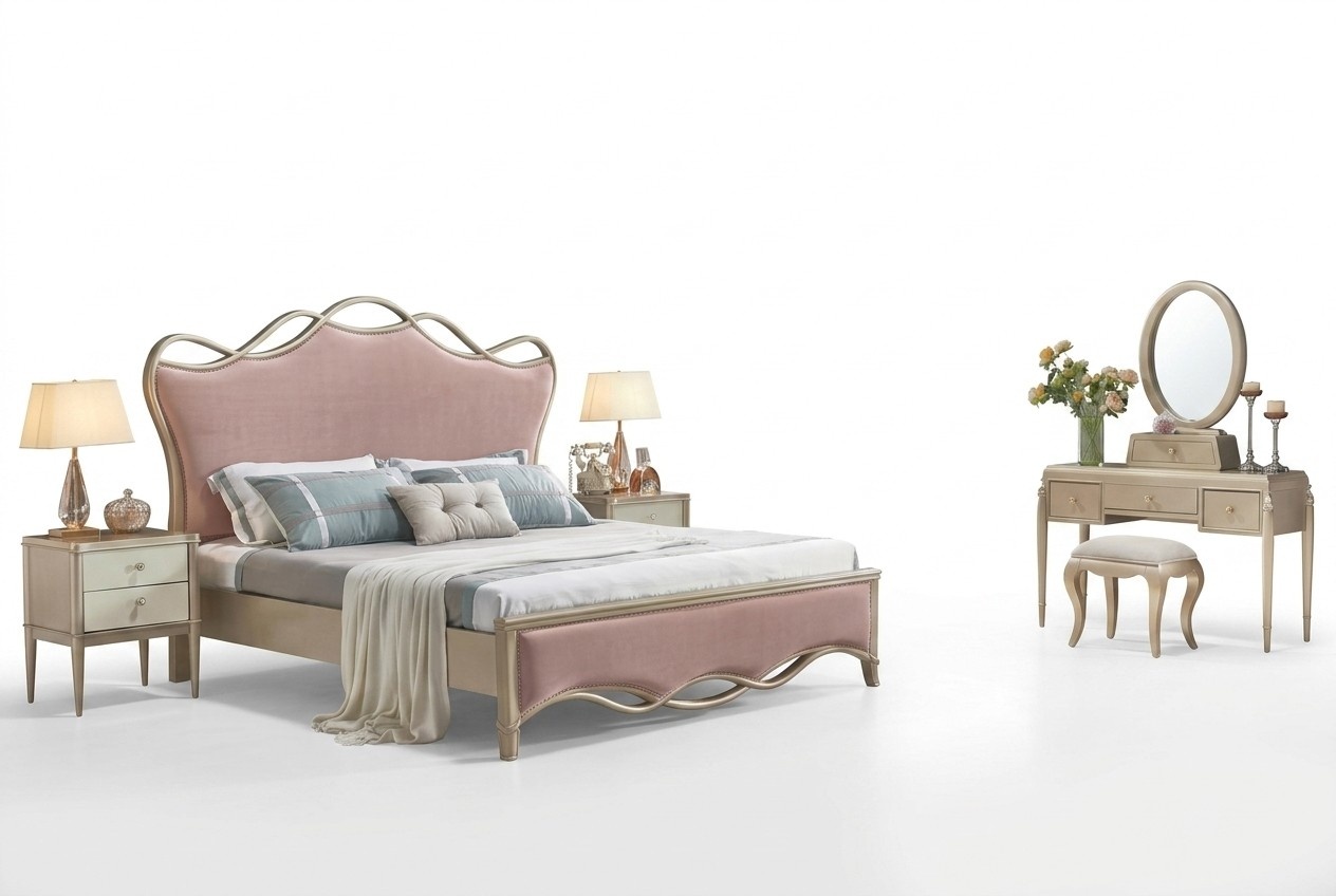 Pink Bed Double Bed 2x Nightstand Classic Beds Bedroom