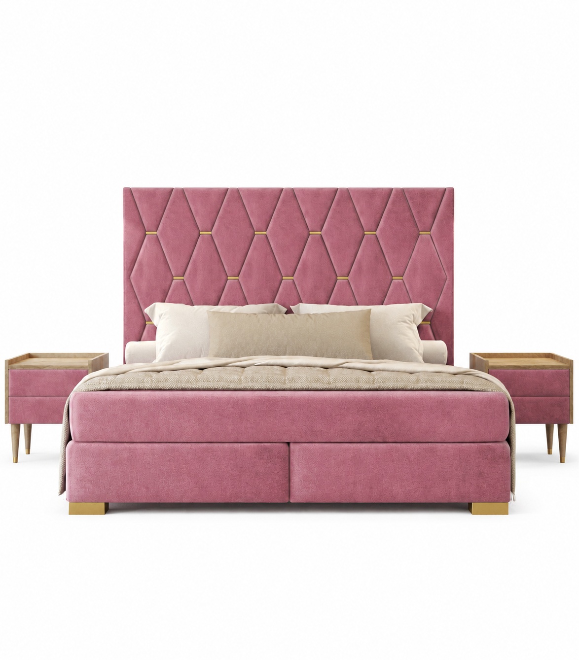Pink bedroom double bed designer 2x bedside tables 3-piece set