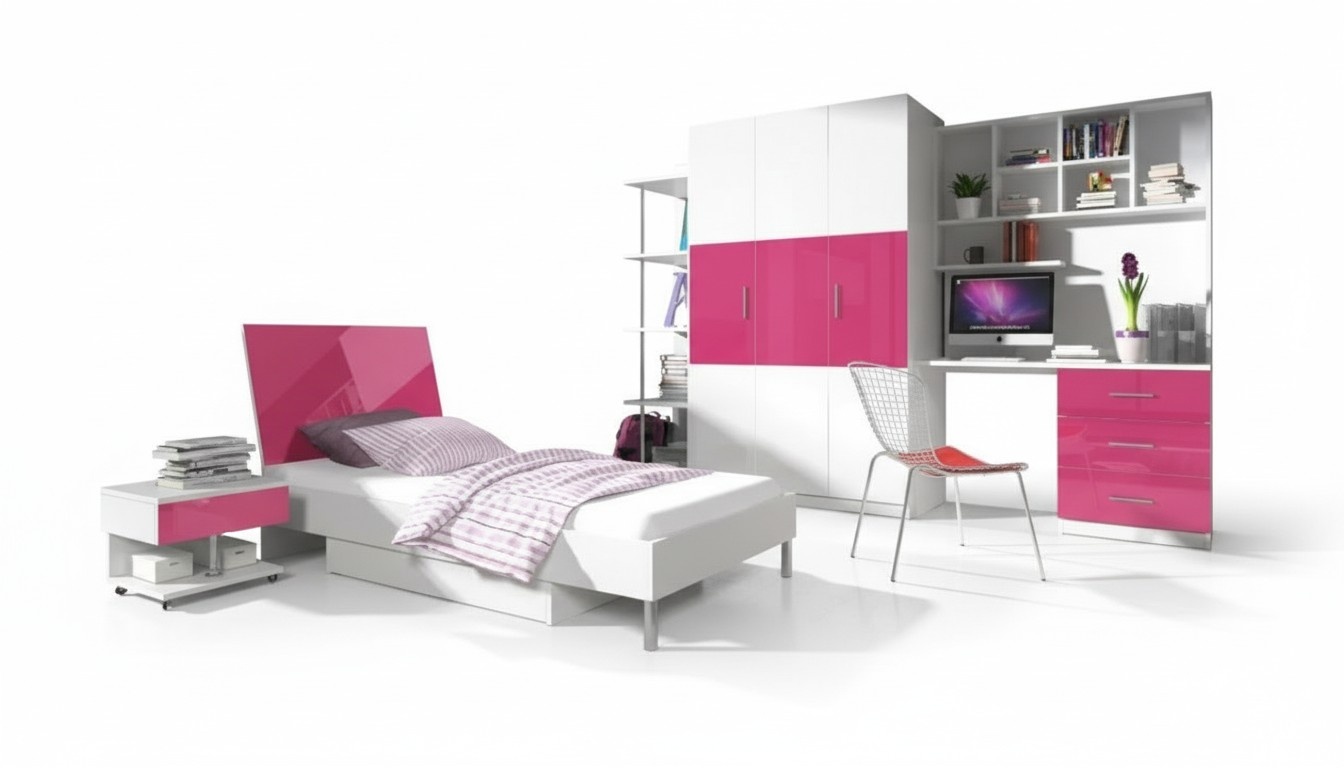 Pink children\'s room set, bed, nightstand, cupboard, desk, bookcase, new, 5 pieces.