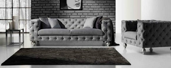 Chesterfield Sofa Set XXL 3-Seater + Armchair 1-Seater Grey Textile Upholstered New