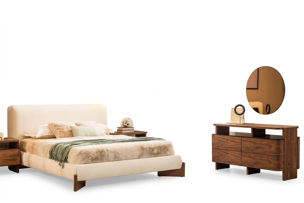 Bedroom set double bed bedside tables 5 pcs brown dressing table