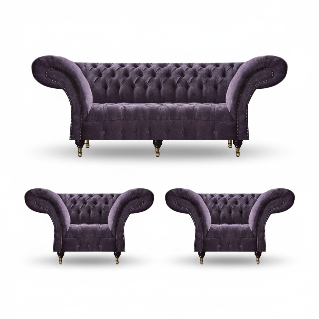 Lila Chesterfield Upholstered Sofa Set Living Room 3-Seater Designer 2x Armchairs