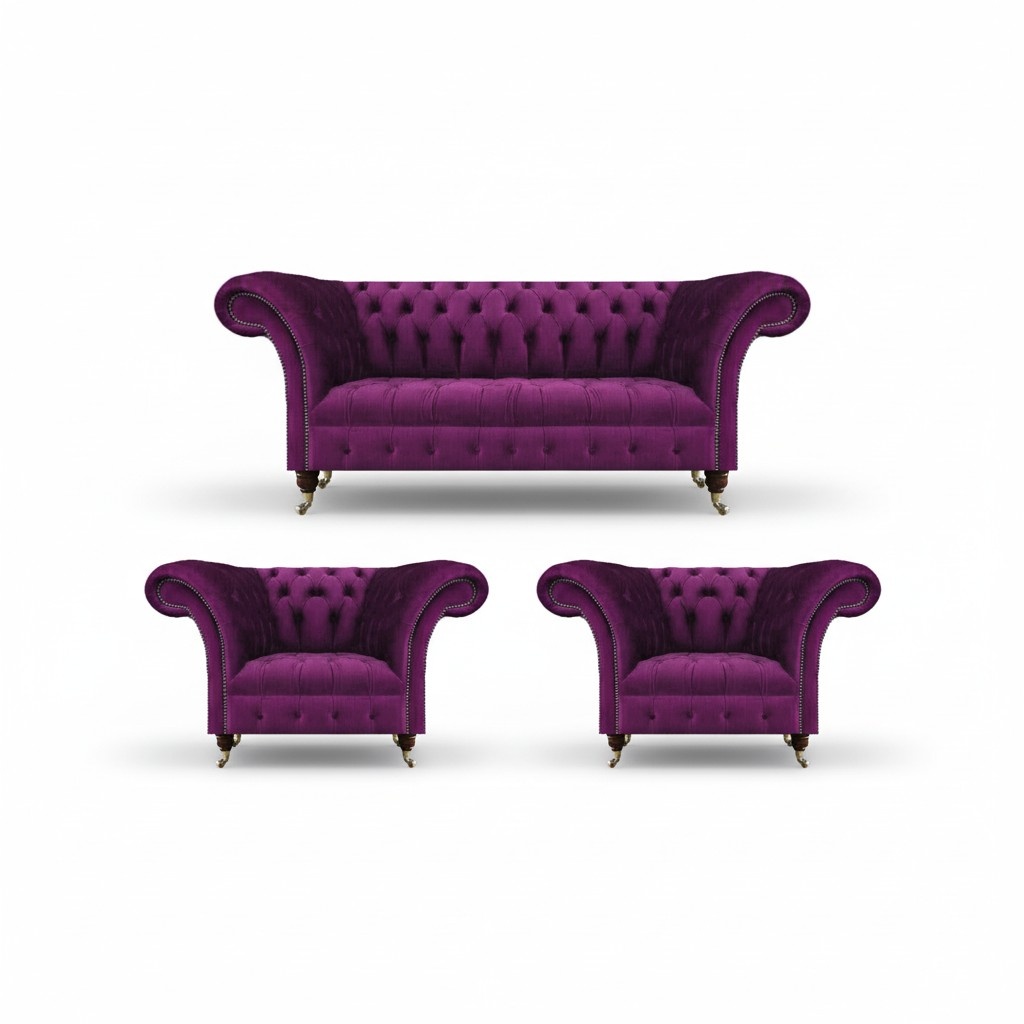Purple Sofa Set 3-Piece Chesterfield Living Room Luxury Textile Furniture Upholstered Sofa