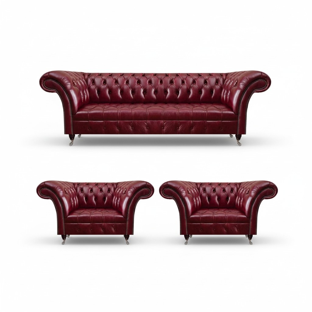 Red Chesterfield living room sofa set, three-seater, 2 armchairs.