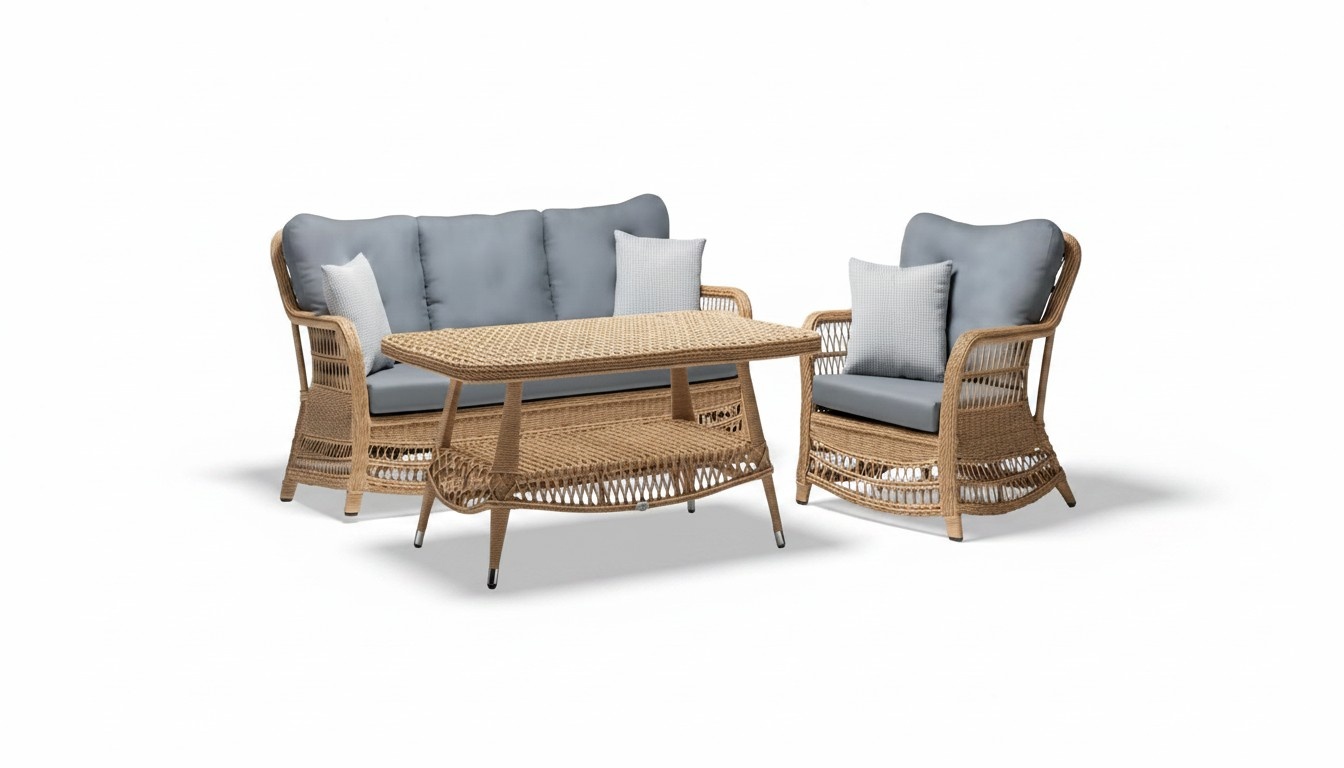 Robust garden rattan set, coffee table, garden furniture, gray, armchair, sofa, 3-seater