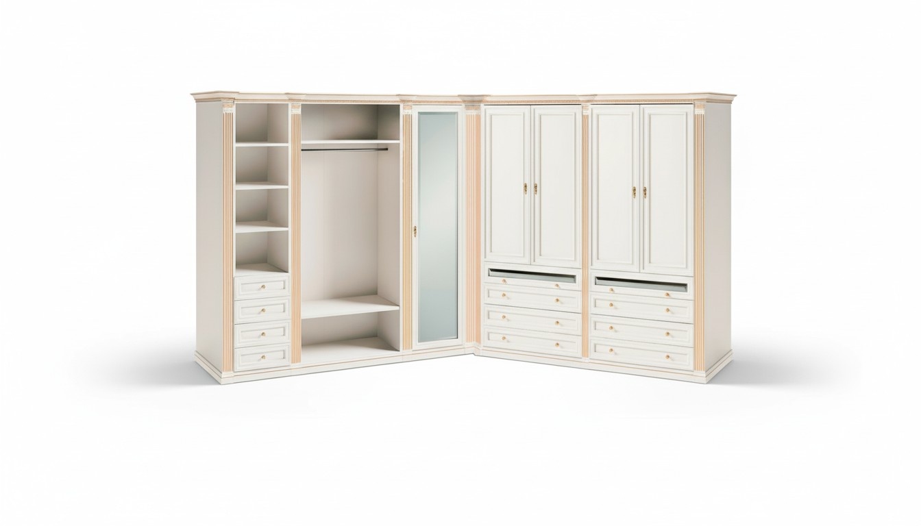 Robust White Corner Wardrobe Bedroom L-Shape Cabinets Designer Furniture
