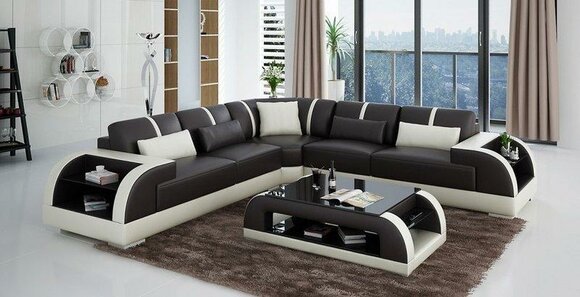 Leather L-shape living area Couch Big XXL sofa upholstered corner set Rodos brown