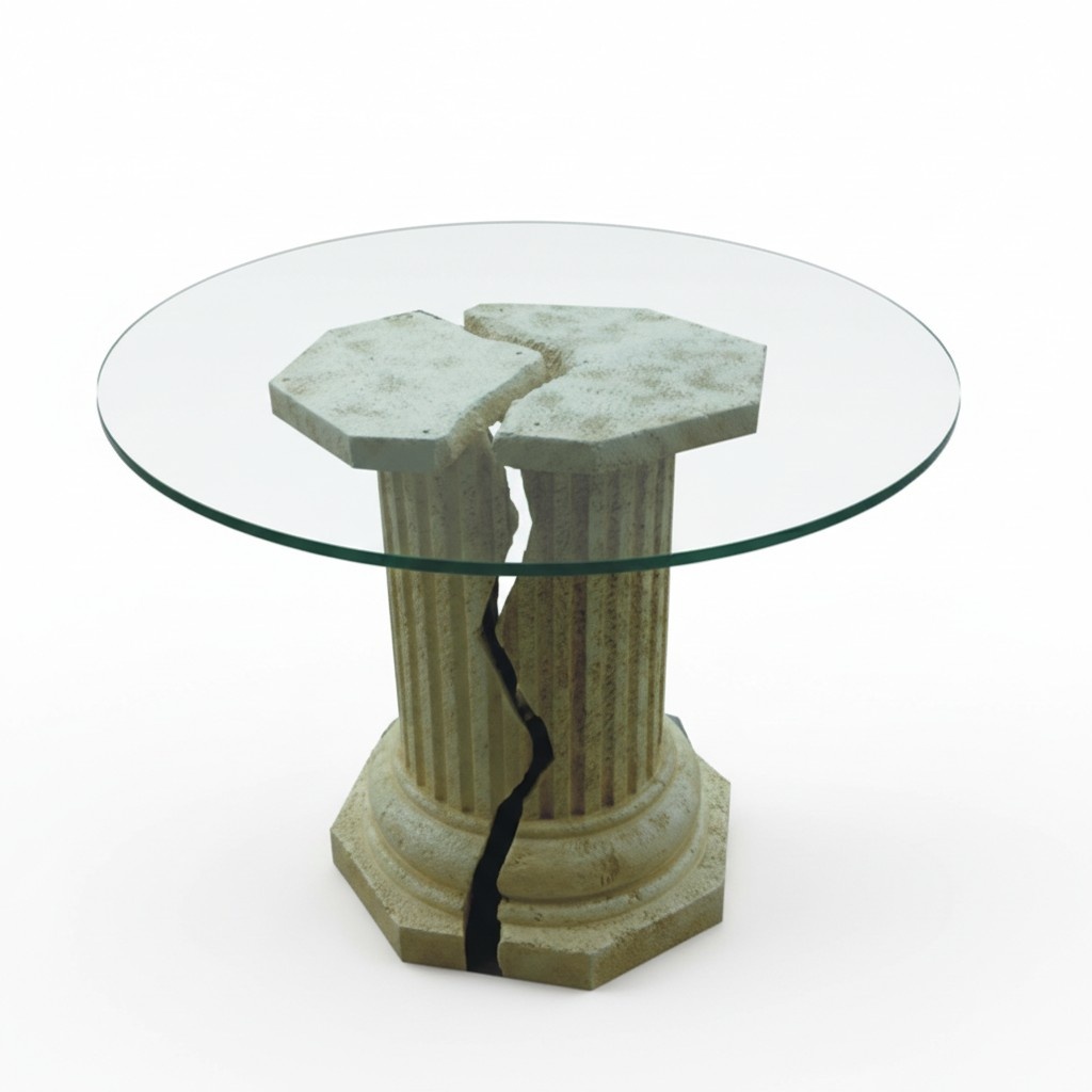 Round glass coffee table decorated with antique greek column with a crack imitation style 75cm