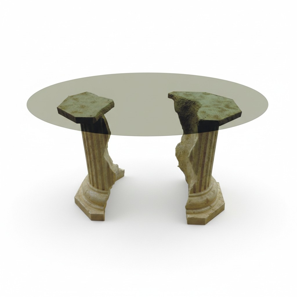 Round massive coffee table decorated with cracked antique greek column style 75cm