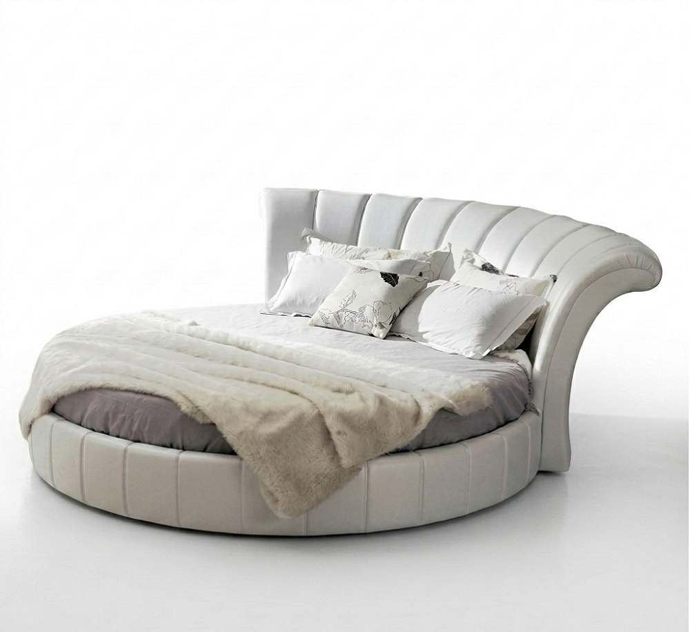 Modern style massive round marriage double bed leather upholstered made of real wooden frame