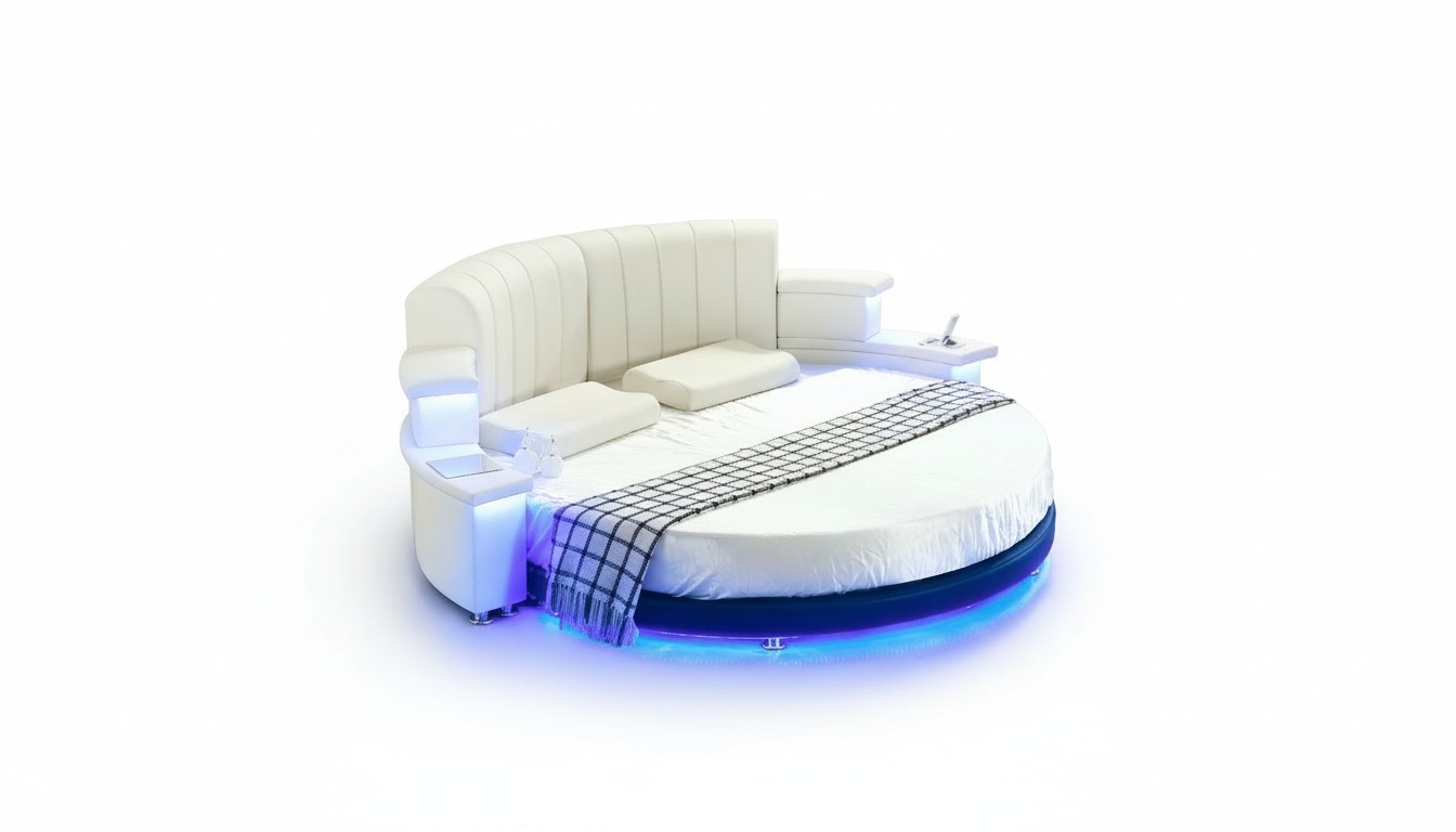 Round Bed Furniture Upholstery Beds Bedroom Furniture Leather Bed LED Illuminated New