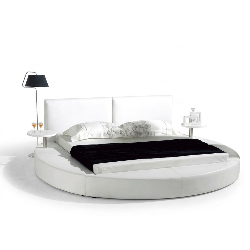 Modern style massive leather upholstered round double bed for marriage couple made of real wooden frame