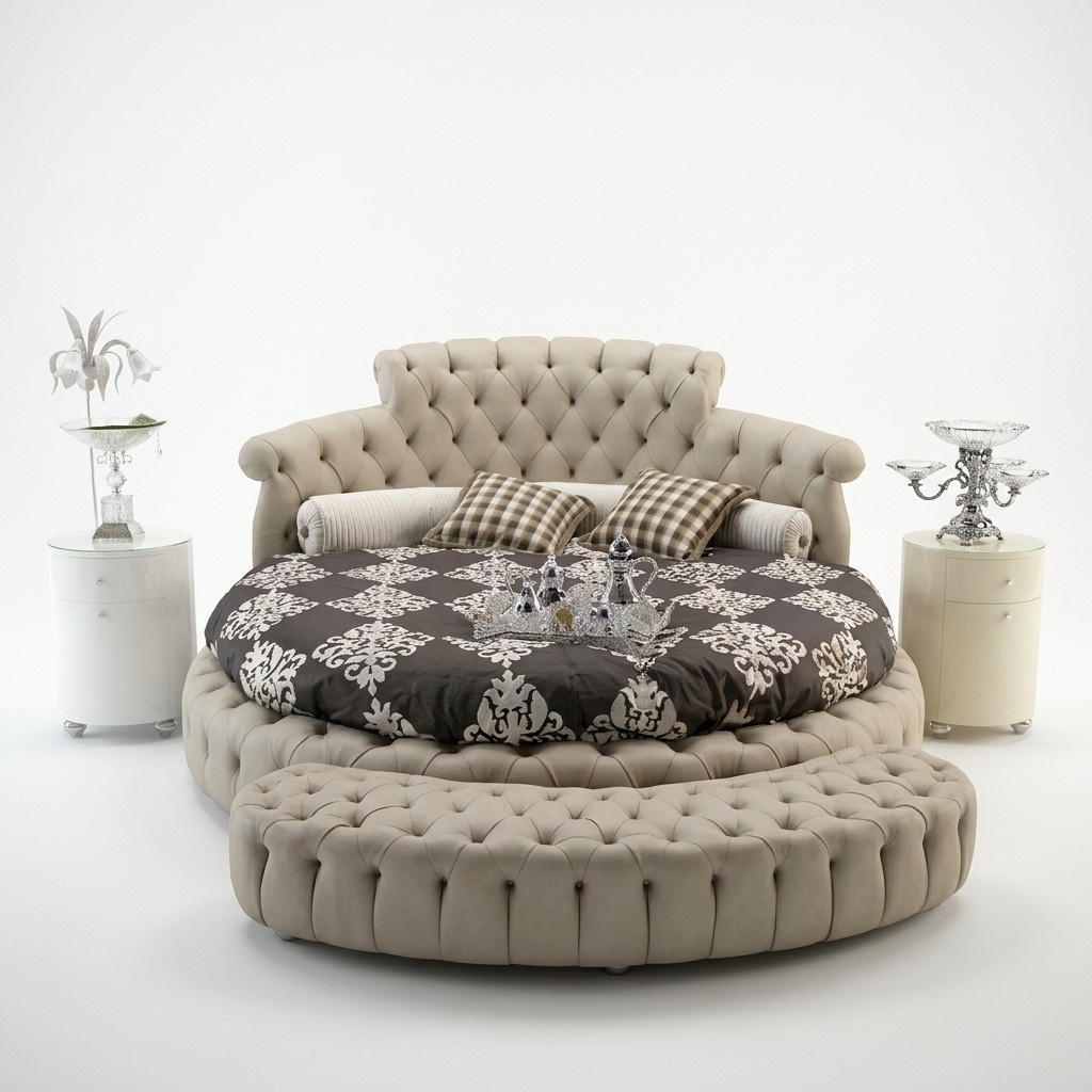 Leather upholstered chesterfield design round double bed with crystal stones in modern style made of real wooden frame