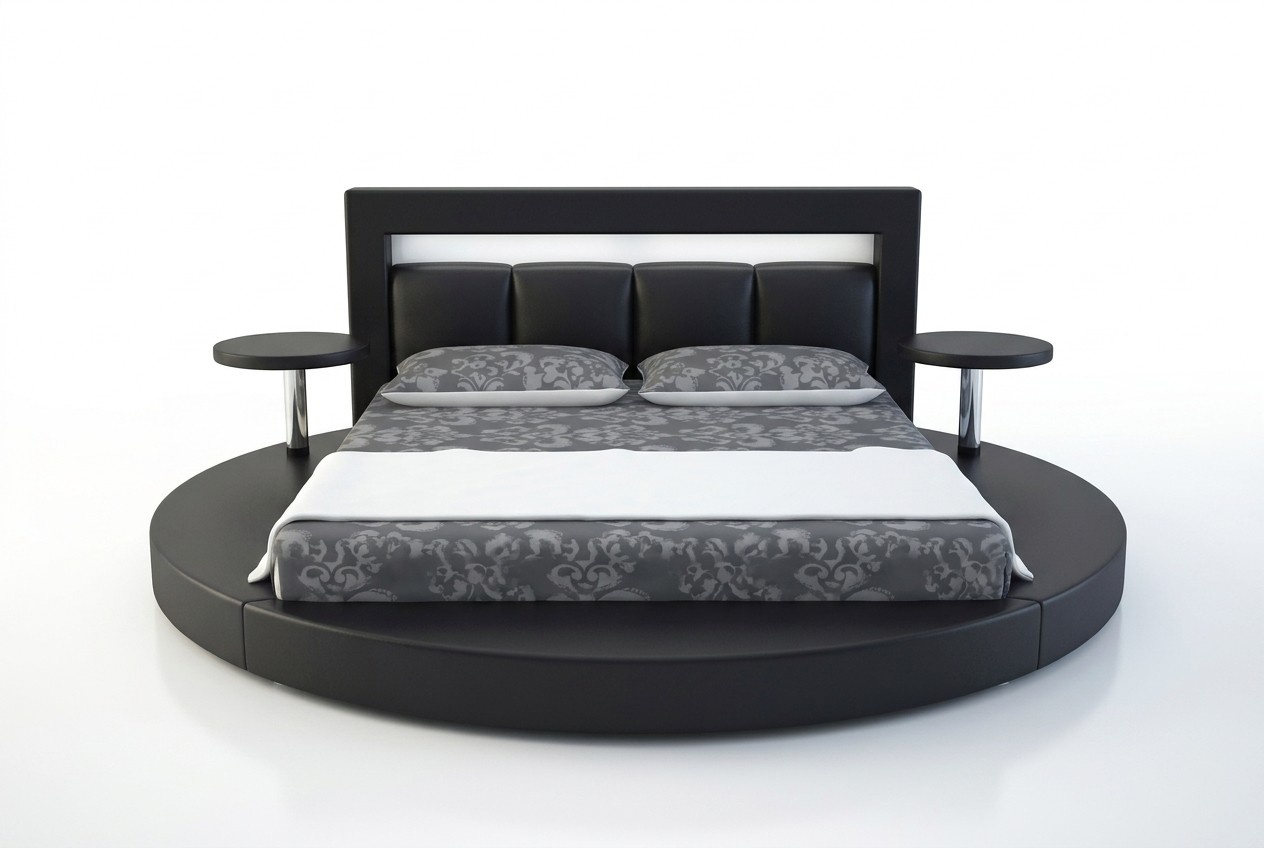 Modern style leather upholstered massive round double bed for marriage couple made of real wooden frame